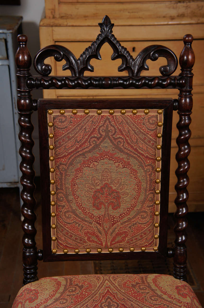 British Gothic Revival Walnut Side Chair on Casters with Paisley Upholstery For Sale