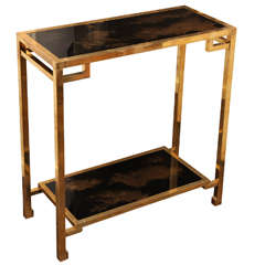 A Small Geometric Two Tier Brass and Antique Glass Console Table