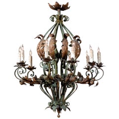 Large French Rococo Green Painted Iron and Gilt Tole Chandelier