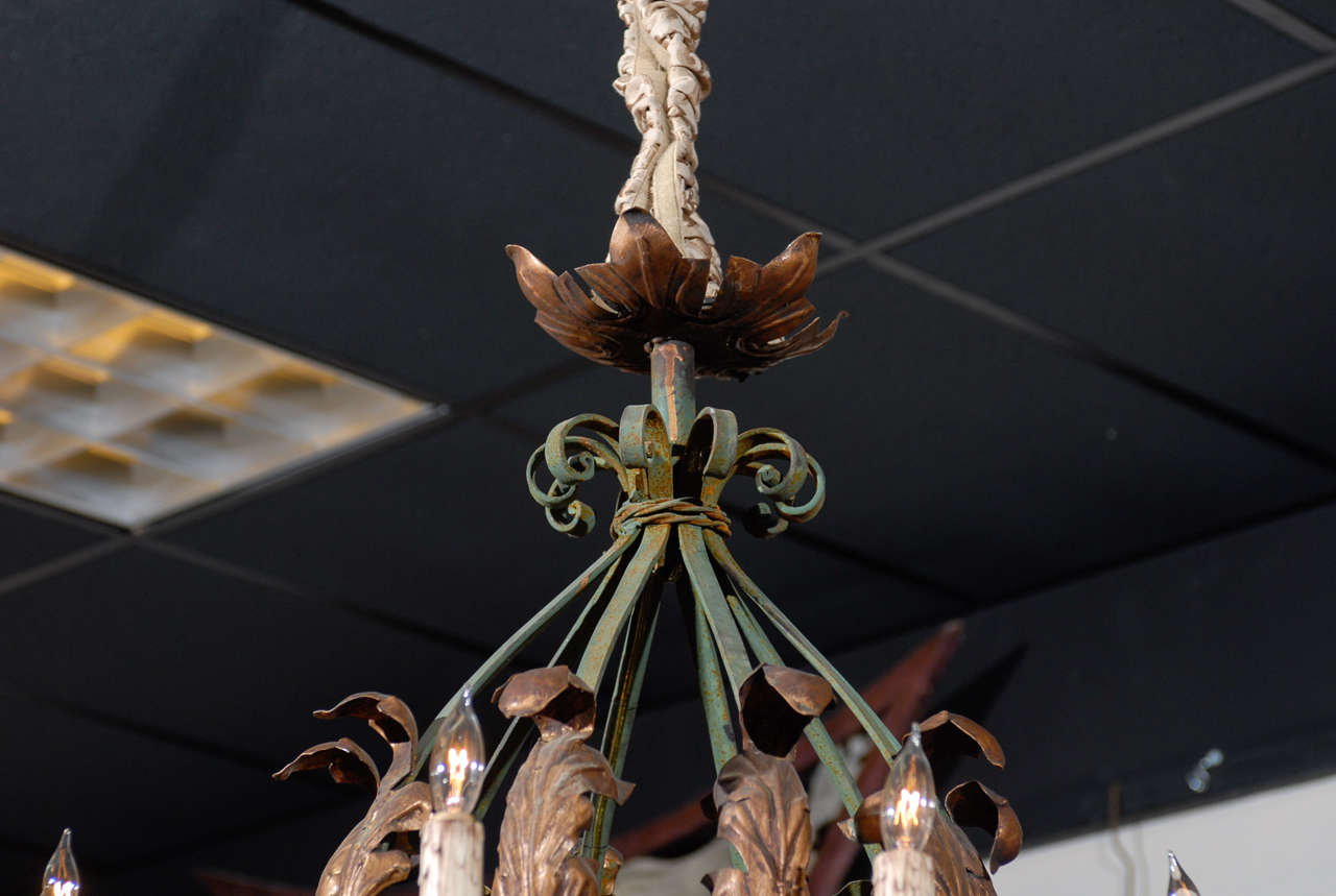 Louis XV Large French Rococo Green Painted Iron and Gilt Tole Chandelier