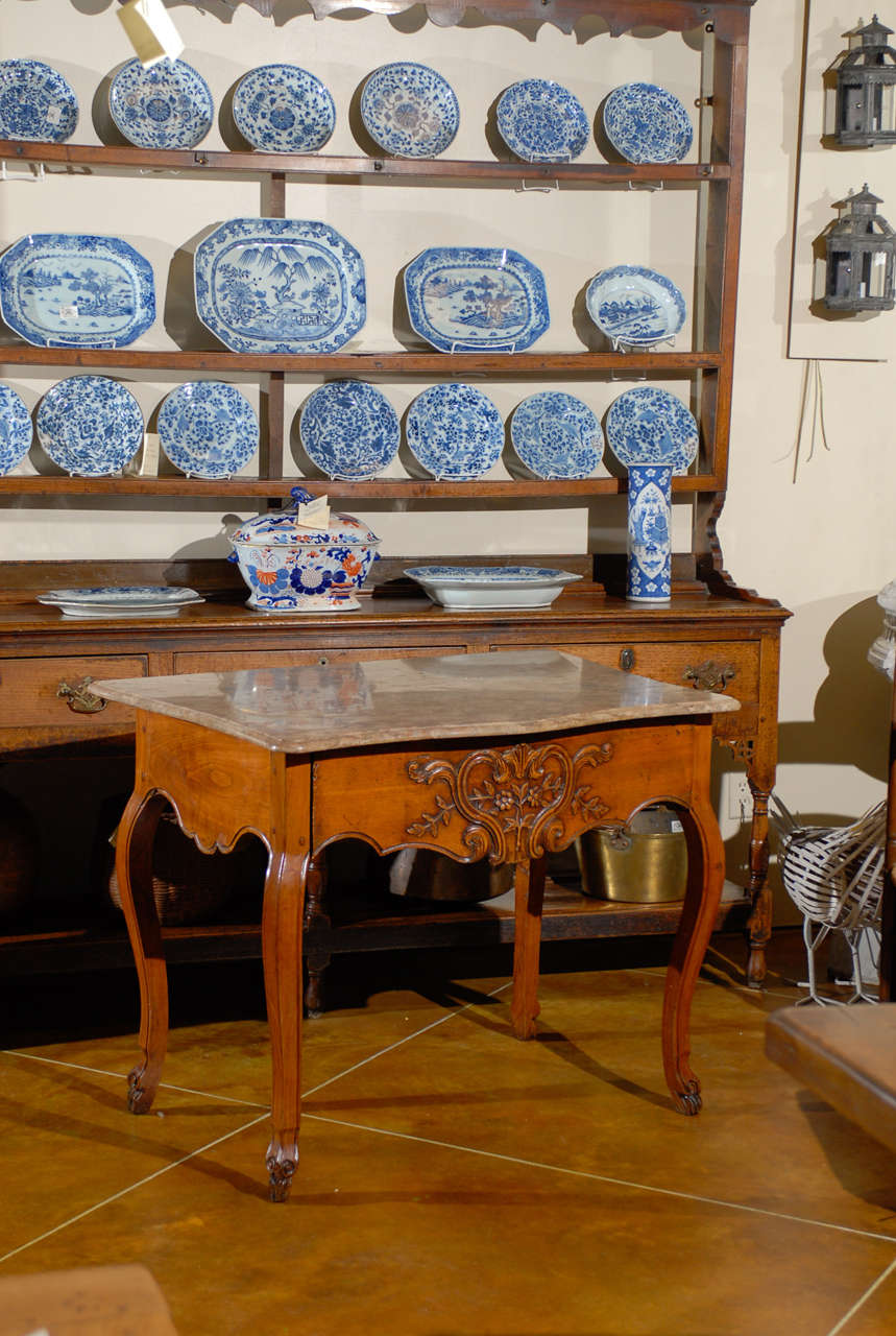 Hand-Carved French Louis XV Walnut Console with Marble Top For Sale
