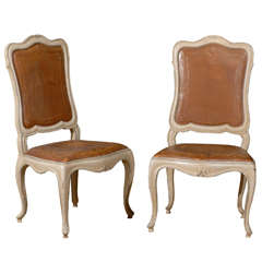 Set of 6 Painted Louis XV Style Dining Chairs with Leather Upholstery