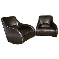 Pair of Art Deco Black Leather Sleigh-Back Rockers