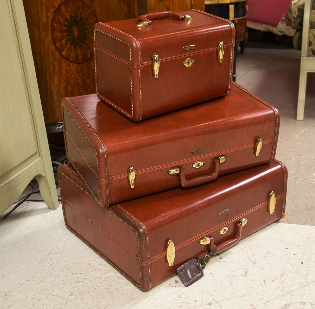 Fine Vintage Samsonite Deco Leather Three Piece Suitcase Luggage Suite For Sale at 1stdibs