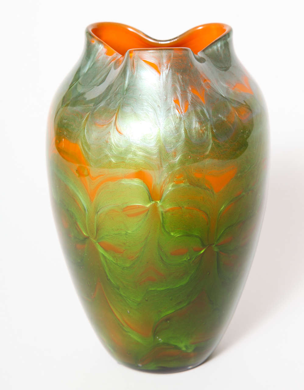 An exceptionally tall Loetz Titania Vase with  pinched top, decorated in Orange Green and Silvere Blues.