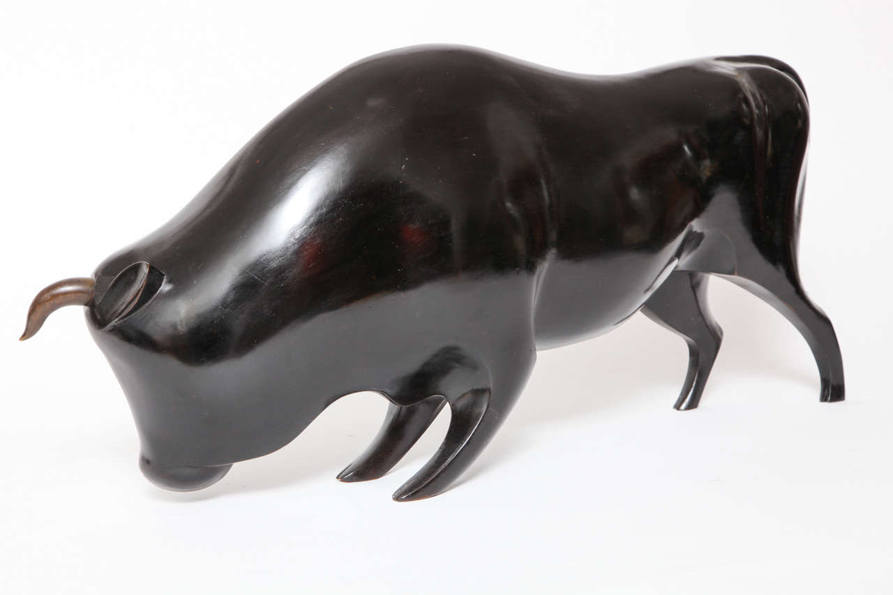 Karl Hagenauer Art Deco Monumental Wood Carved and Bronze Bull, circa 1928 For Sale 2