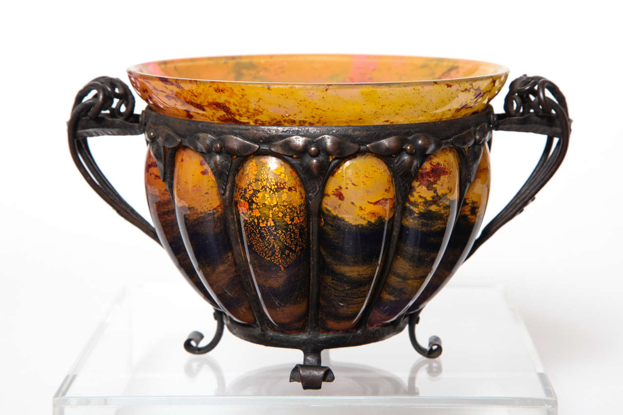 Daum and Majorelle Art Deco Glass and Hand-Wrought Iron Vase