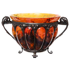 Antique Daum and Majorelle Art Deco Glass and Hand-Wrought Iron Vase