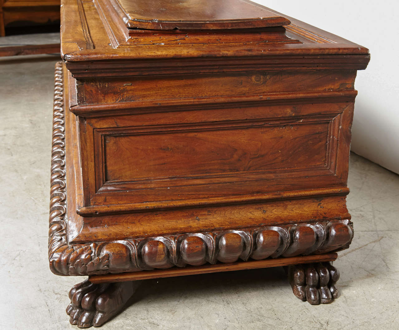 Carved Antique Italian Walnut Wood Cassone from the 1600s