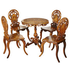 Complete Set of Antique Inlaid Edelweiss Brienz Tilt–Top Table and Four Chairs