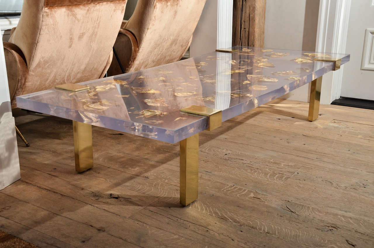 Stunning contemporary gold leaf inlay in resin coffee table with brass frame