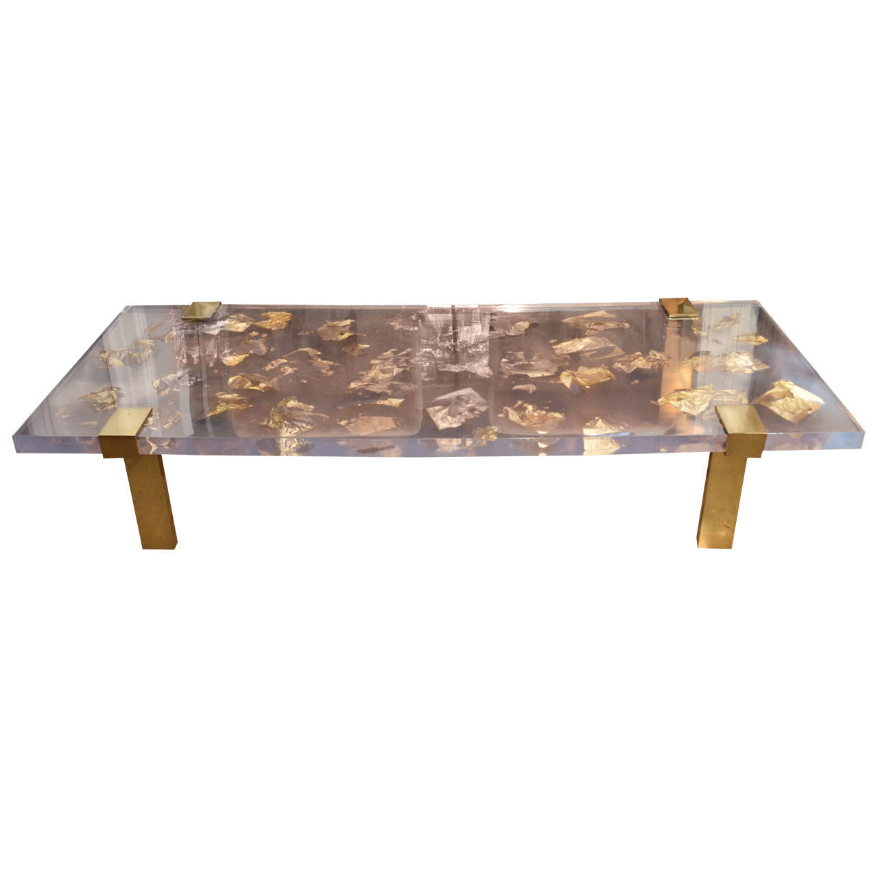 Contemporary Gold Leaf Inlay Coffee Table with Brass Frame