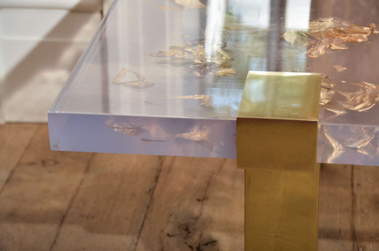 Contemporary Gold Leaf Inlay Coffee Table with Brass Frame at 1stDibs