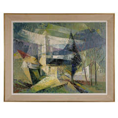 Vintage Oil Painting Abstracted Landscape signed P. Maraval circa 1950s