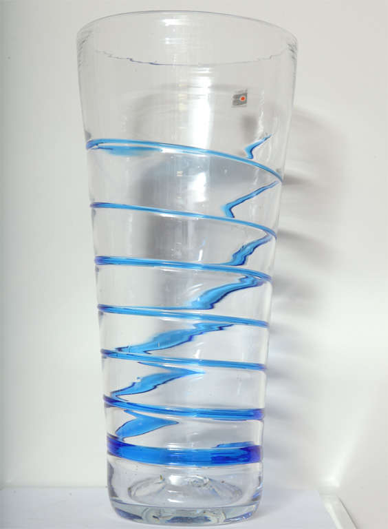American Blenko Glass Tall Vase with Royal Blue Swirl