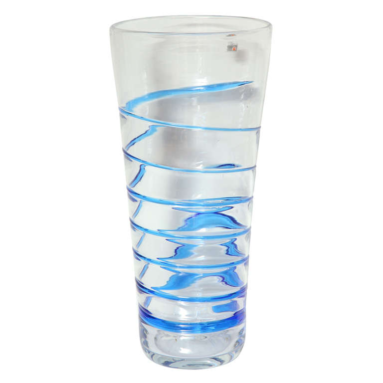 Blenko Glass Tall Vase with Royal Blue Swirl