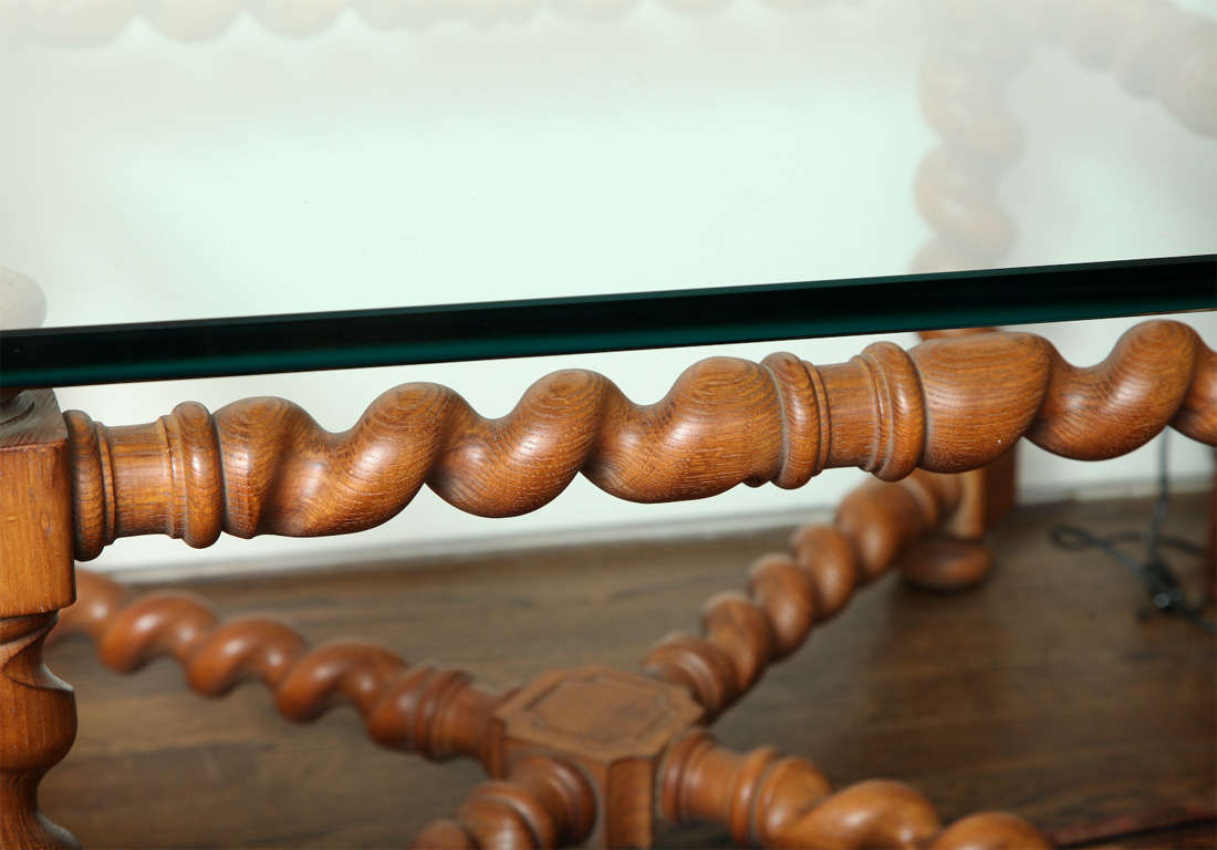 Mid-20th Century Glass Top Table with Barley Twist Wooden Legs