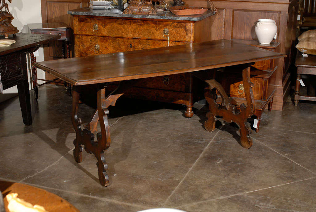 Exquisite Italian Early 19th Century Walnut Trestle Table with Lyre Shaped Legs