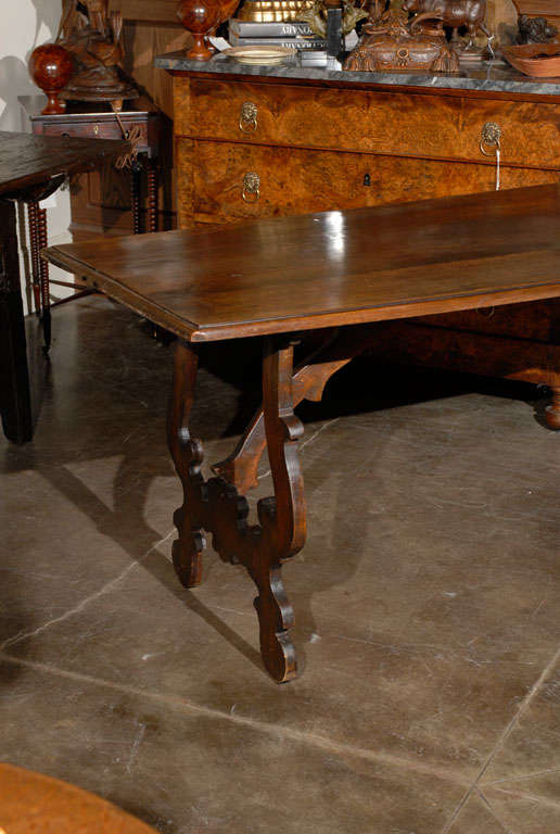 Wood Exquisite Italian Early 19th Century Walnut Trestle Table with Lyre Shaped Legs