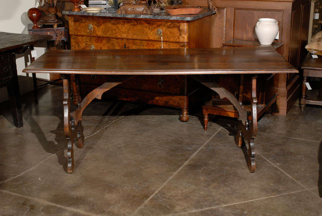Exquisite Italian Early 19th Century Walnut Trestle Table with Lyre Shaped Legs 2