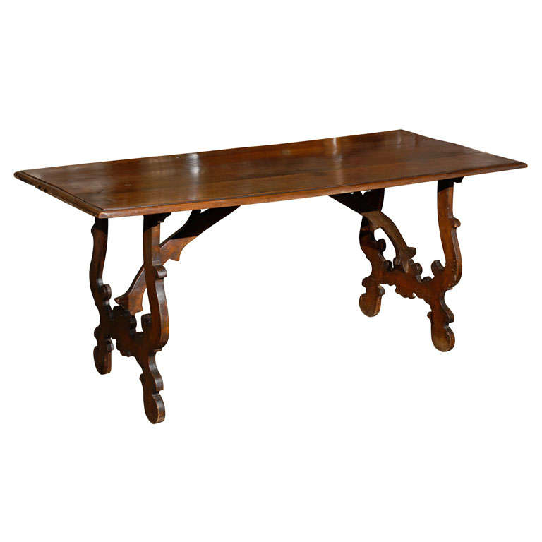 Exquisite Italian Early 19th Century Walnut Trestle Table with Lyre Shaped Legs