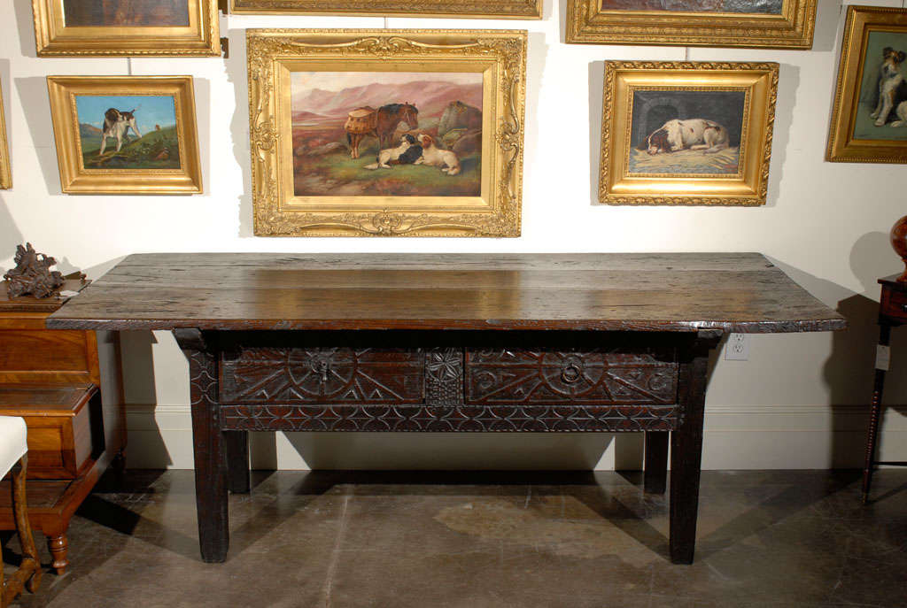 Large Spanish 18th Century Chestnut Console Table with Geometric Motifs