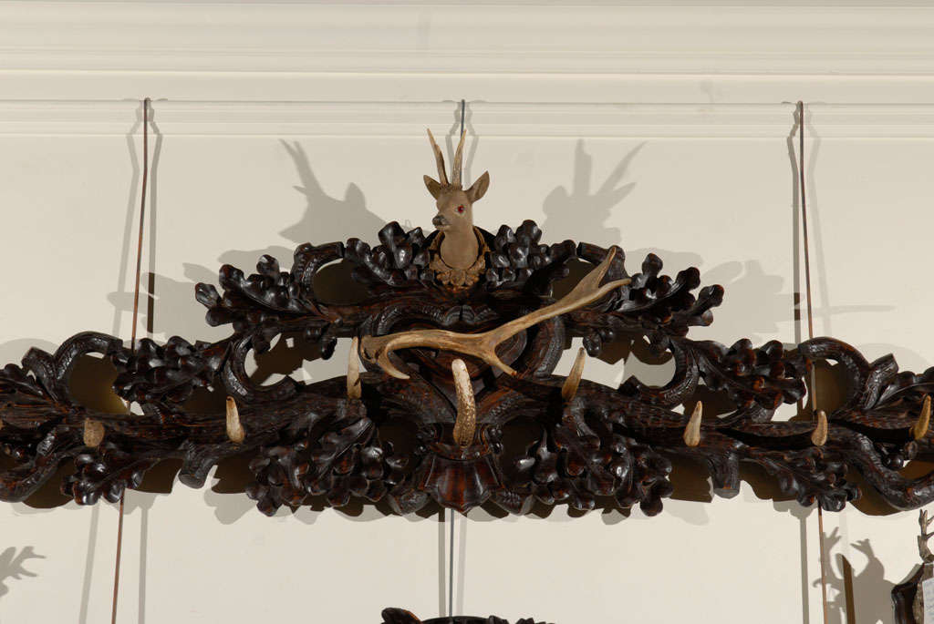 20th Century Black Forest Carved Coat & Hat Rack with Deer Carving & Antlers from the 1900s