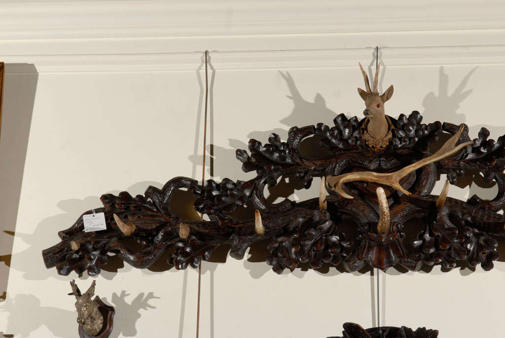 Black Forest Carved Coat & Hat Rack with Deer Carving & Antlers from the 1900s 1