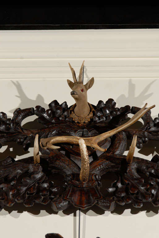 Black Forest Carved Coat & Hat Rack with Deer Carving & Antlers from the 1900s 2