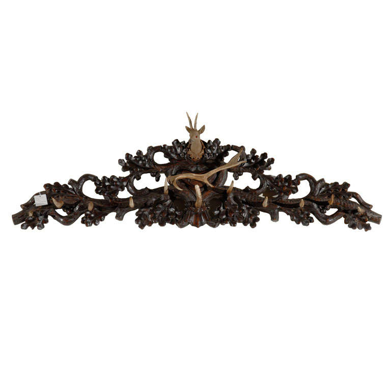 Black Forest Carved Coat & Hat Rack with Deer Carving & Antlers from the 1900s