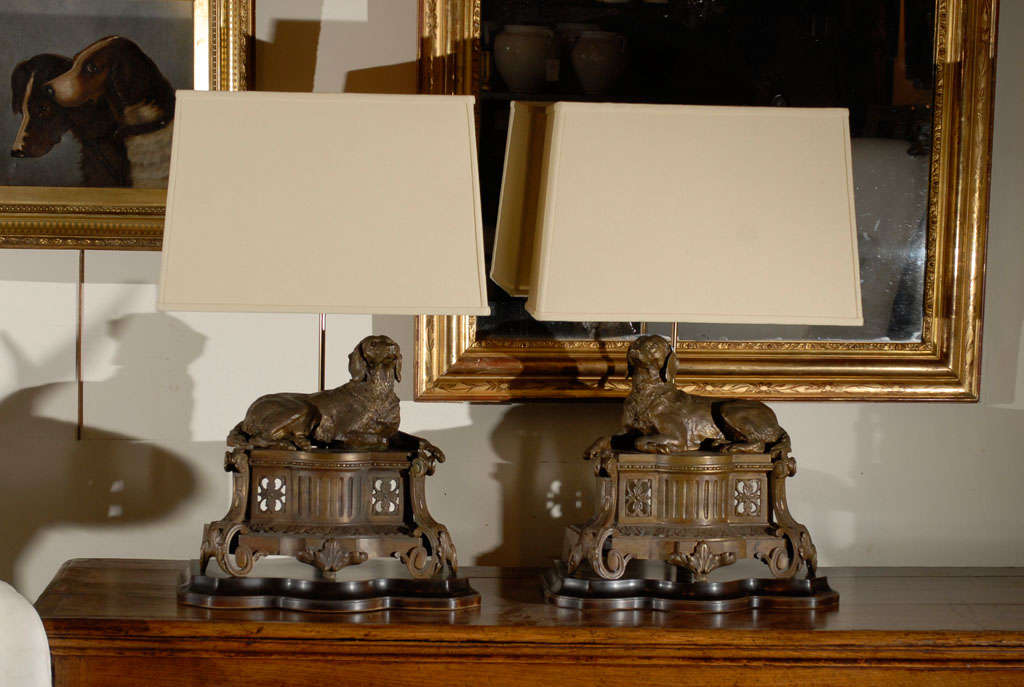 Pair of Bronze Dog Chenets with Custom Bases for Lamps