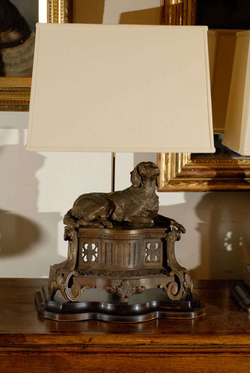 French Pair of Bronze Dog Chenets with Custom Bases for Lamps
