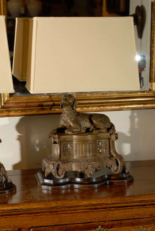 19th Century Pair of Bronze Dog Chenets with Custom Bases for Lamps
