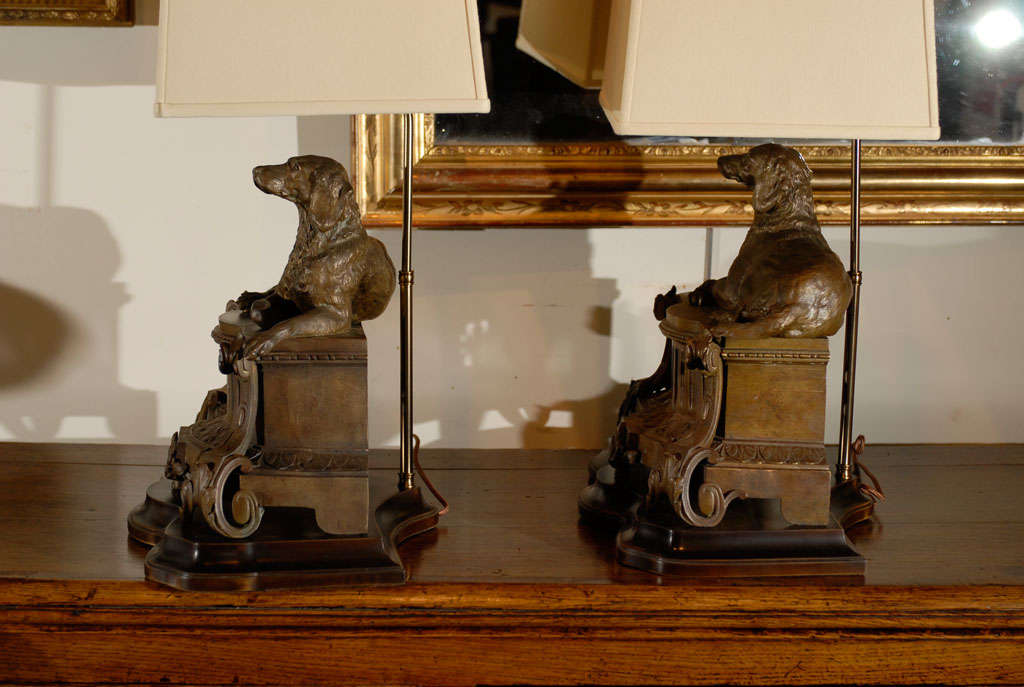 Pair of Bronze Dog Chenets with Custom Bases for Lamps 3