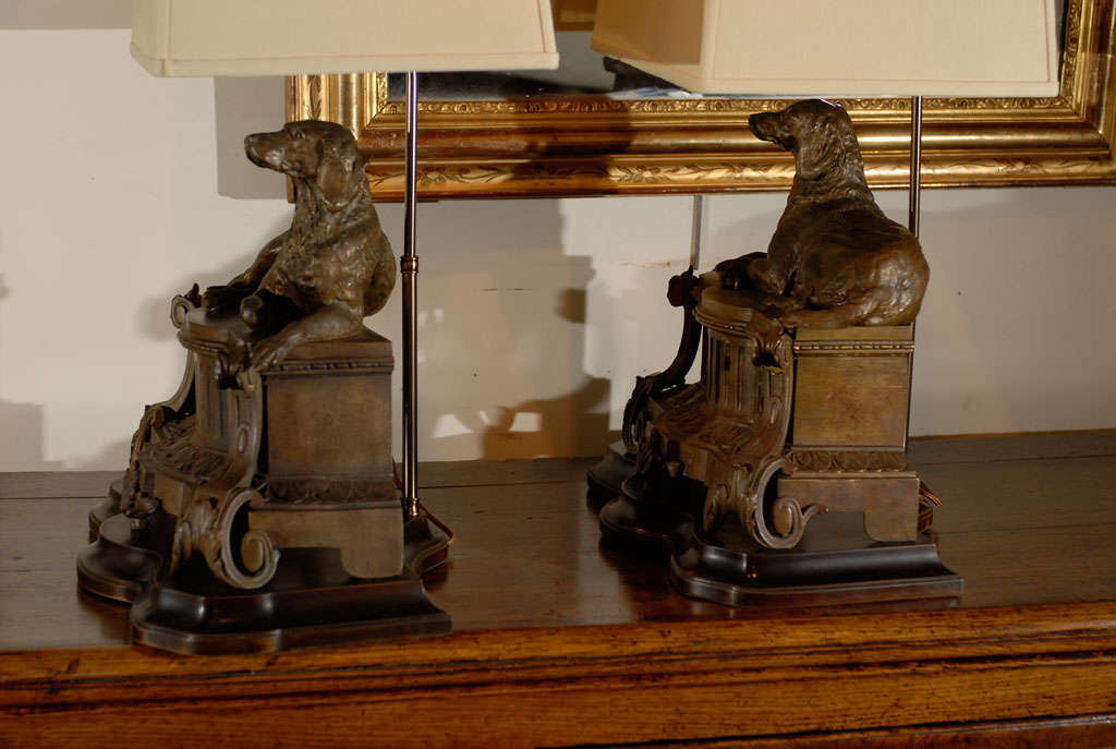 Pair of Bronze Dog Chenets with Custom Bases for Lamps 4