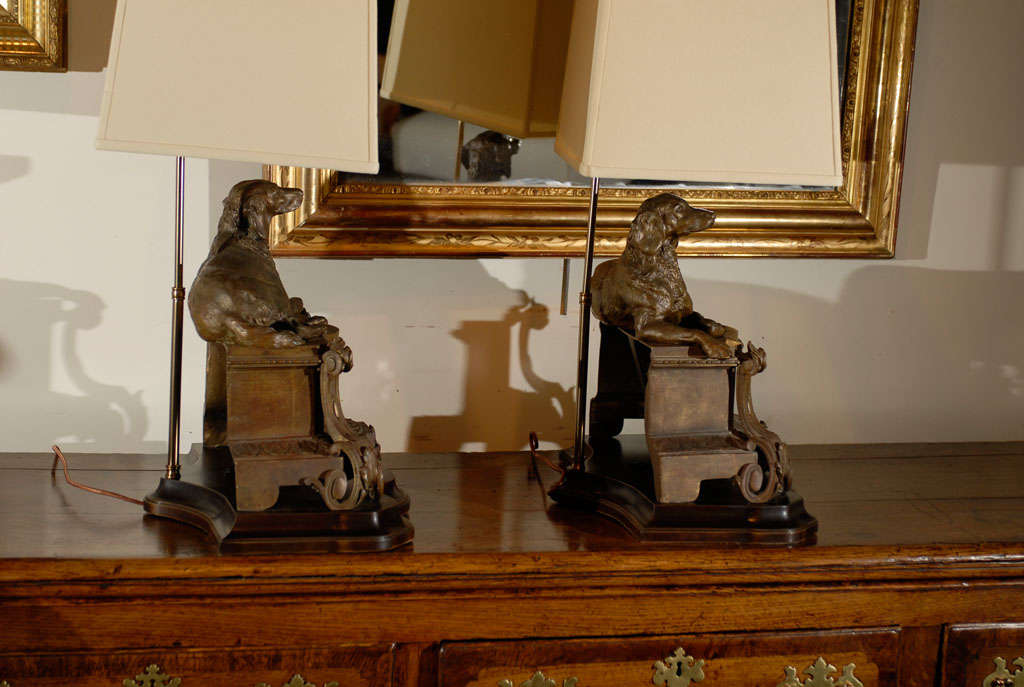 Pair of Bronze Dog Chenets with Custom Bases for Lamps 5