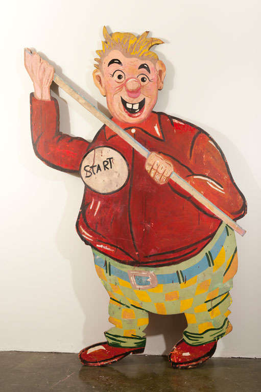 HIgh impact oversized and brightly coloured -  this cutout figure depicts a  'starter' man for a child's game at the circus or carnival.  Very cool pop hand painted memorabilia.