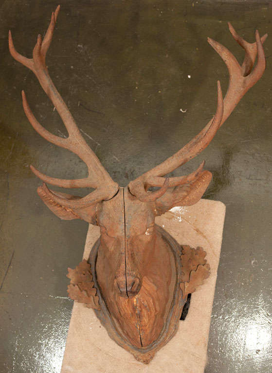 Astounding and rare cast iron 'trophy' wall mounted stag head with oak leaf embellishments. Attributed to Pierre-Louis Rouillard Val D'osne Foundry,  France.