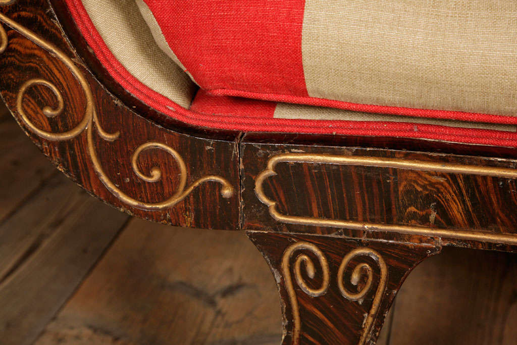 Mahogany Sofa with Red and Beige Striped Fabric