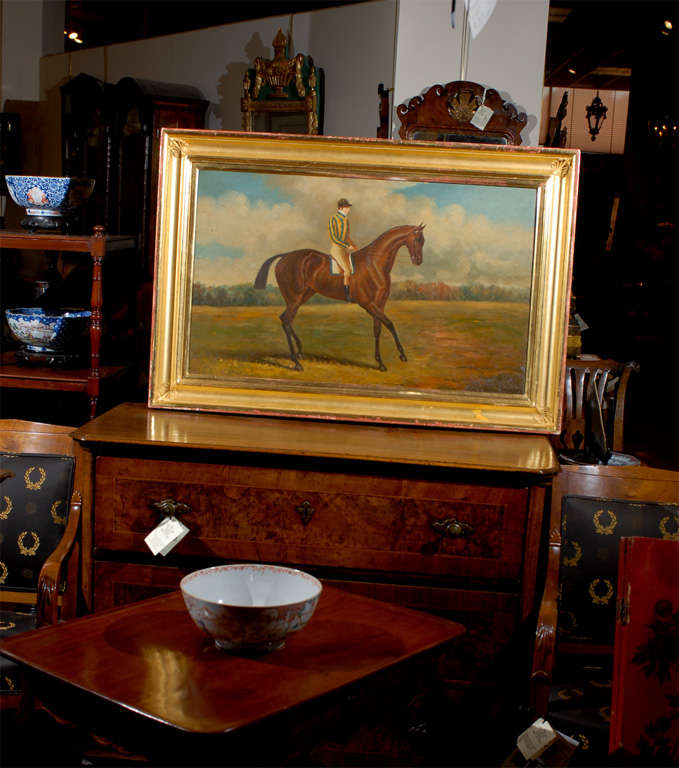 Gilt-wood frame oil on canvas painting of a jockey on Horse. For many more fine antiques, please visit our online gallery at: www.williamwordantiques.com.

William Word Fine Antiques: Atlanta's source for antique interiors since 1956.