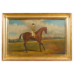 19th Century Oil Canvas Painting of a Jockey on Horse