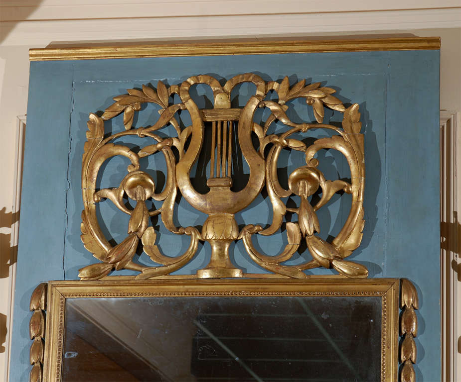 French Louis XVI Style Blue Painted & Parce Gilt Trumeau Mirror