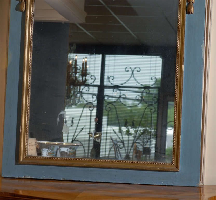 Louis XVI Style Blue Painted & Parce Gilt Trumeau Mirror In Good Condition In Atlanta, GA