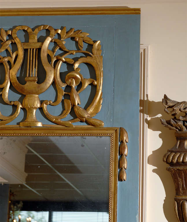 19th Century Louis XVI Style Blue Painted & Parce Gilt Trumeau Mirror