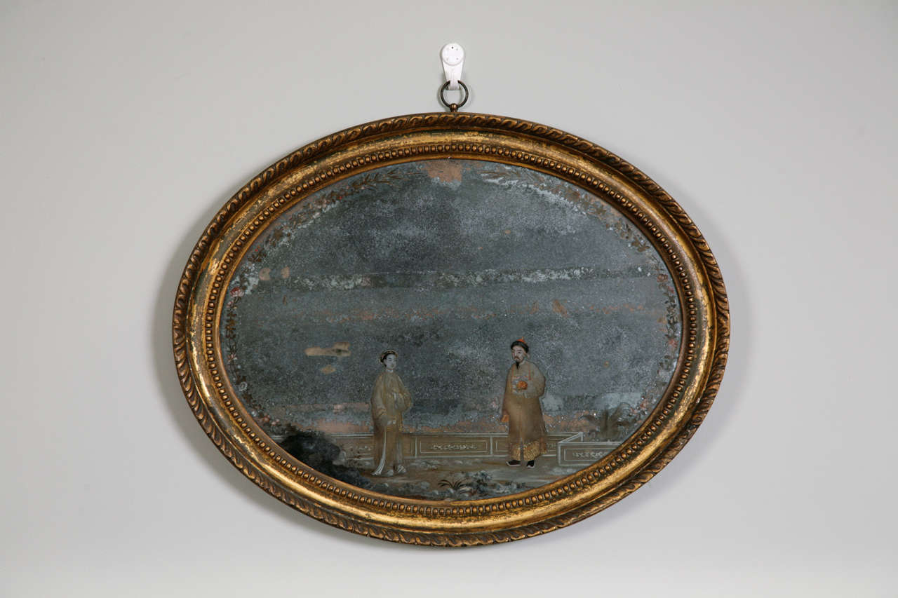 18th Century and Earlier 18th Century Oval Chinese Export Mirror Painting