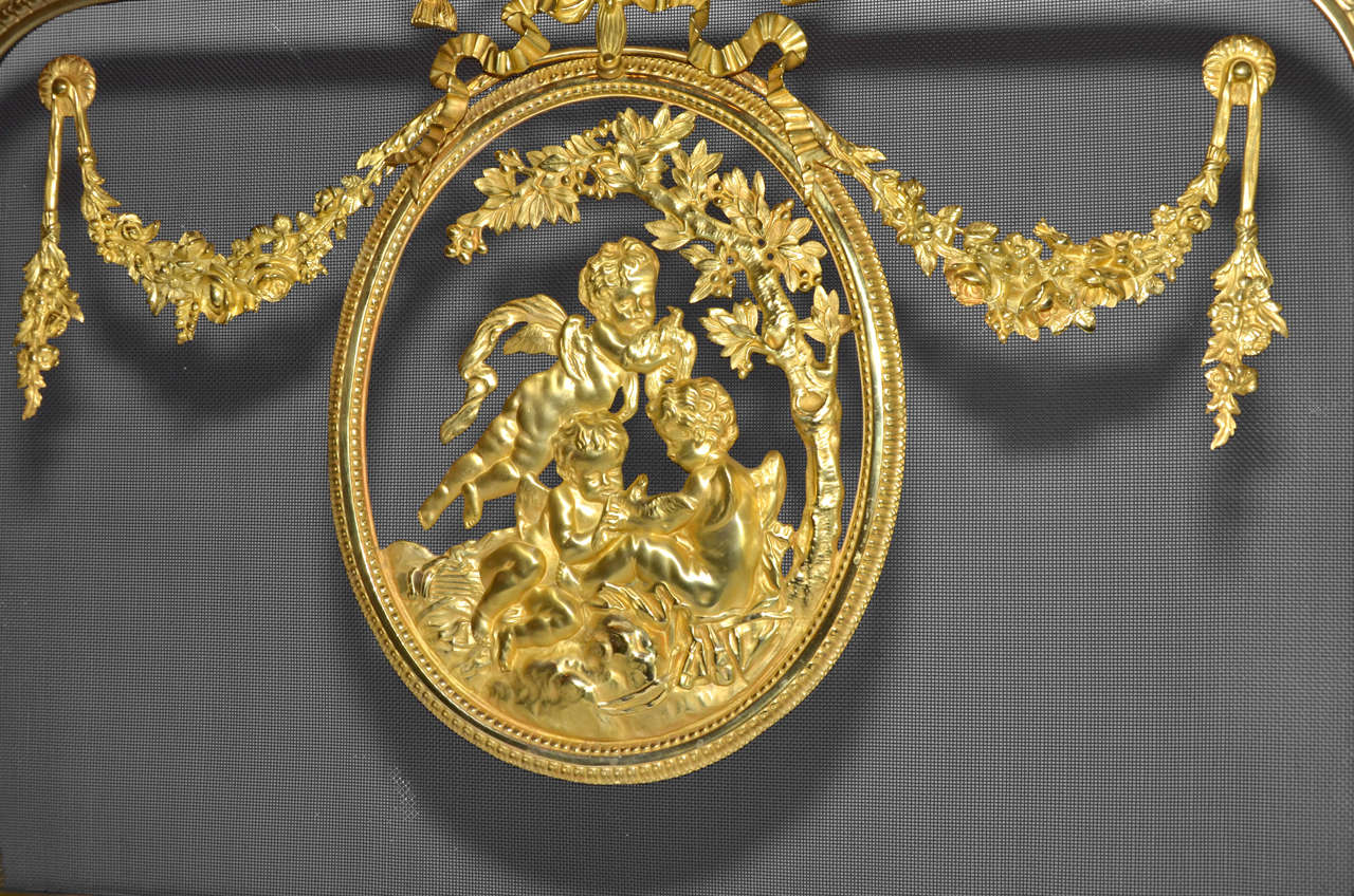 French Exceptional Louis XVI Style Gilded Bronze Screen Fire For Sale