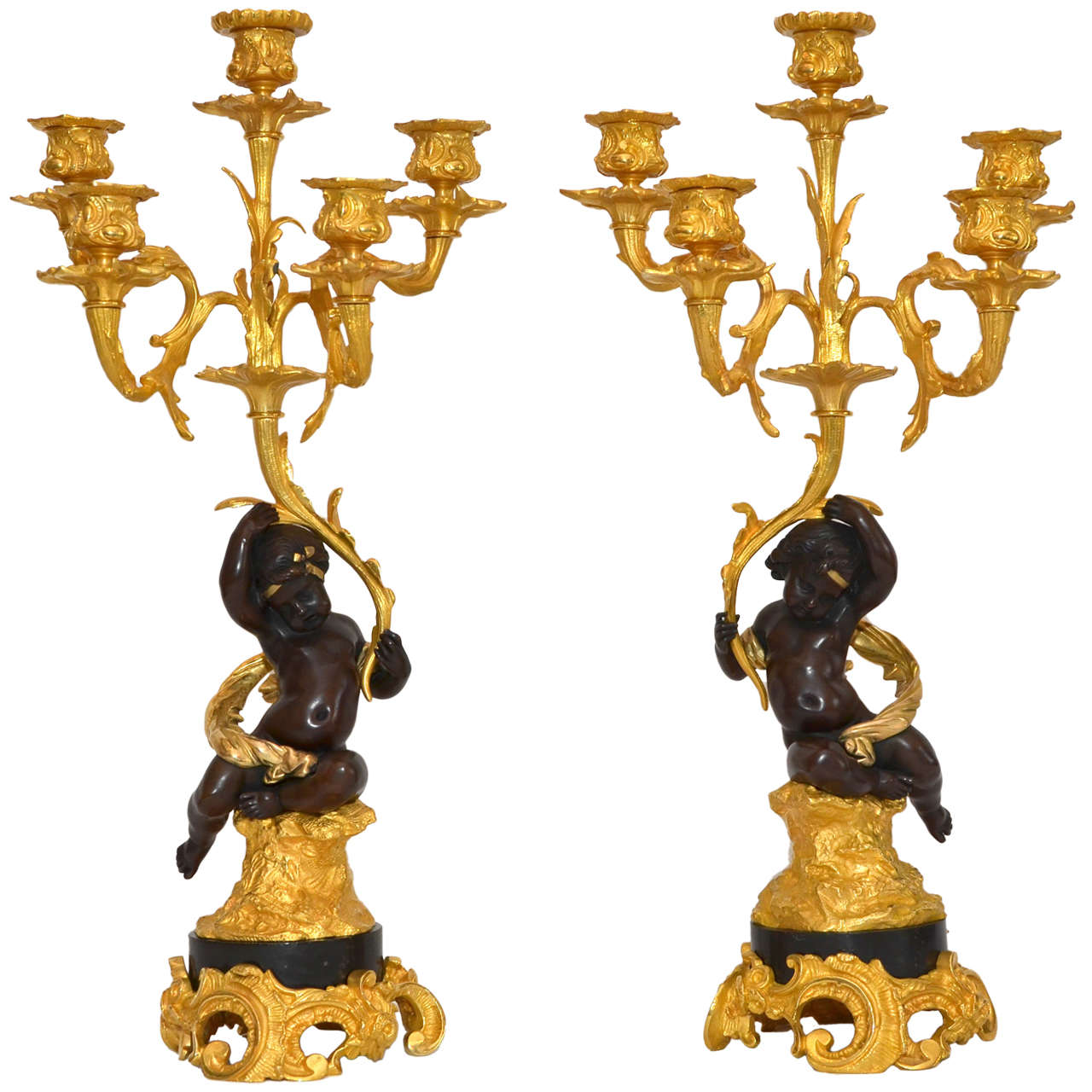 Gorgeous Pair of Bronze Candelabras Louis XV Style For Sale