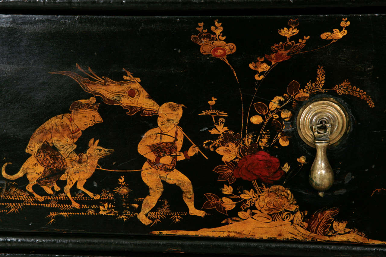 Queen Anne 18th Century Queen Ann Black Lacquer, Chinese Chinoiserie Chest