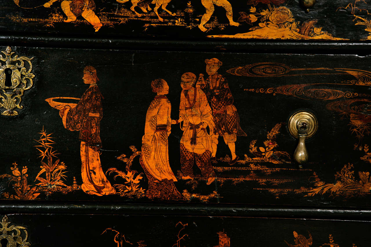 British 18th Century Queen Ann Black Lacquer, Chinese Chinoiserie Chest