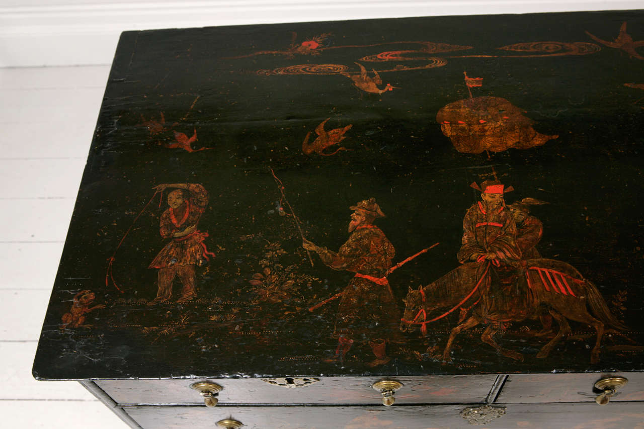 18th Century Queen Ann Black Lacquer, Chinese Chinoiserie Chest 1